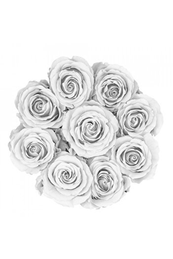 velve Aranjament floral cu 9 trandafiri de sapun, in cutie alba rotunda, alb, Alb