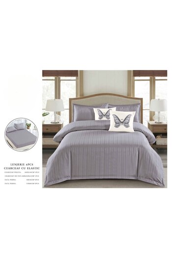 OEM Set Double Bed Linen, Uni, Finet Damask Type, 1 cm Stripe, 6 Pieces, Fitted Sheet 180x200 cm, Duvet