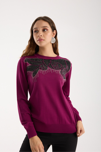 Moda Days Women's Plum Elite Viscose Fabric Stone Detailed Crew Neck Knitwear Blouse