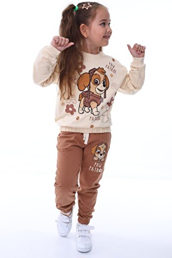Yağmur Giyim İsobgi̇v Paw Petrol Patterned 2-Thread 100% Cotton Girls' Tracksuit Set 3-8 Years 24055