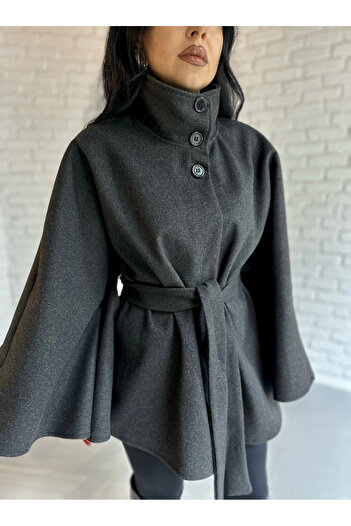 moneta boutique Women's Belted Stand Collar Cashmere Poncho