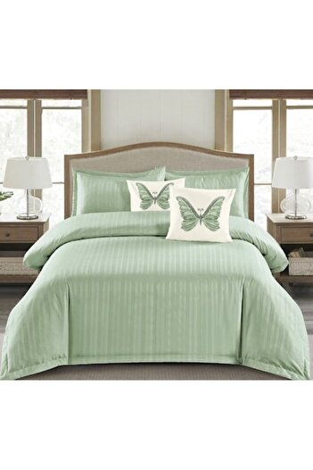 OEM Double Bedding Set, Plain, Finet Damask Type, 1 cm Stripe, 6 Pieces, Bed Sheet with Elastic, 180x200