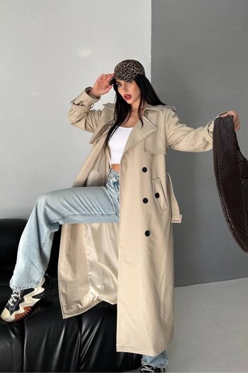 spirituel Women's Trench Coat Long Faux Leather Belted Buttoned Pockets Slit Double Breasted Lapel Trench Coat