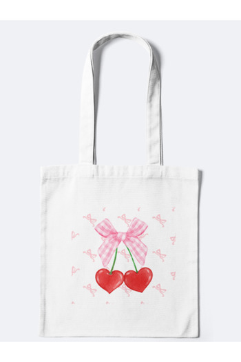 junobi Cloth Bag + Pen Holder – Coquette Pink Bow and Heart Cherry Pattern – 35X40 cm