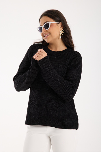 Moda Days Women's Black Thessaloniki Knitted Raglan Sleeve Crew Neck Glitter Knitwear Sweater