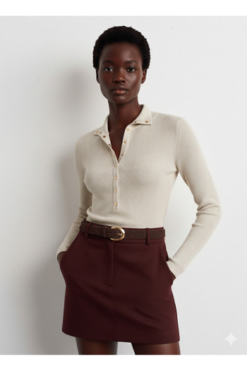 Dilvin 10686 Stand Collar Snap Fastener Knit Sweater-Stone