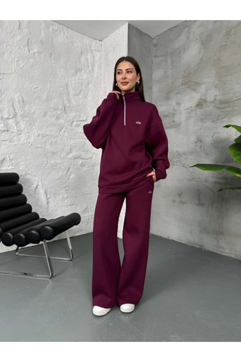 Elif Özbey Butik Burgundy Half-Zipper Embroidered Sweat Suit