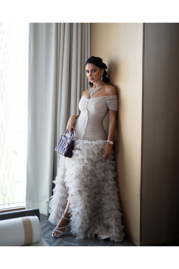 Riva Off shoulder, light beige, fitted, flared, luxurious, long evening dress.