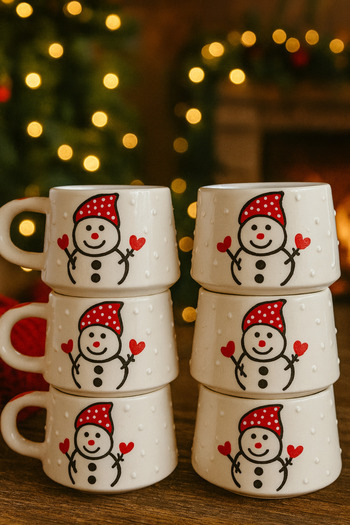 BB TRADE Handmade Set of 6 Snowman Patterned Ceramic Mugs