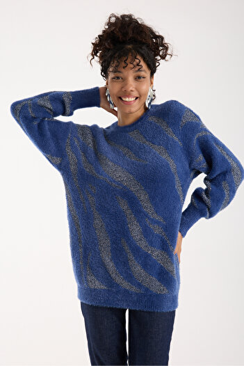 Moda Days Women's Indigo Glitter Beard Yarn Balloon Sleeve Crew Neck Knitwear Sweater
