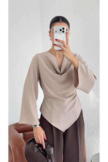 HAZELANNA Studded Asymmetrical Mink Blouse