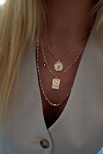 Trendy Butik Medallion, Triple Necklace Combination with Bohemian Ends and Chain