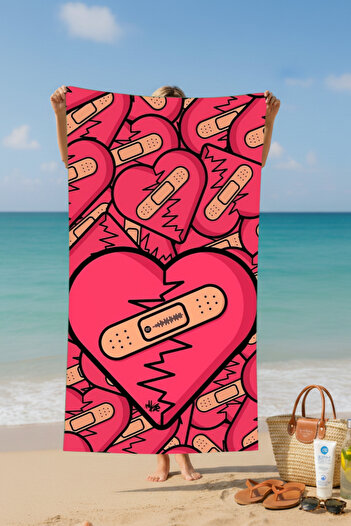 BETHA Heart Printed Patterned Cotton Beach Towel – Patterned Design – 75X150 cm