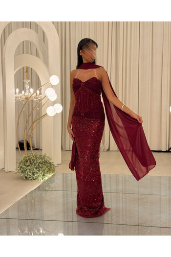 Generic Fully embroidered burgundy petroleum evening dress with sequins and crystals and an elegant shawl