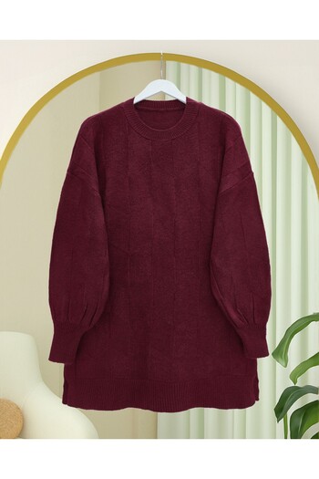 Modamorfo Round Neck Casual Patterned Knitwear Sweater - Burgundy