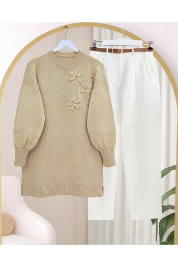 Modamorfo Floral Patterned Stoned Soft Knit Sweater - Light Mink