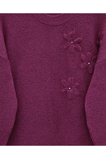 Modamorfo Floral Patterned Stoned Soft Knit Sweater - Fuchsia