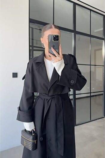 Moderk Uzun Rüzgarlıklı Oversize Kuşaklı Apoletli Kadın Trençkot Maxi