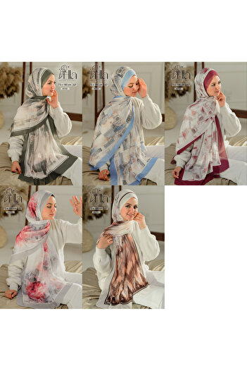 Hala Digitally printed chiffon shawl, different shapes and colors, set of 5 pieces, size 75 x 180