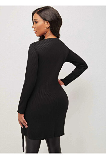 JANES Women's Long Sleeve Zipper Side Slit Snap Button Detail Ribbed Camisole Dress