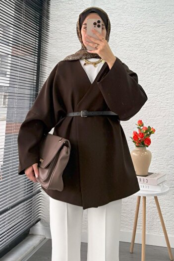 MELEK ARAZ Premium Double-Breasted Collared Belted Women's Jacket – Brown