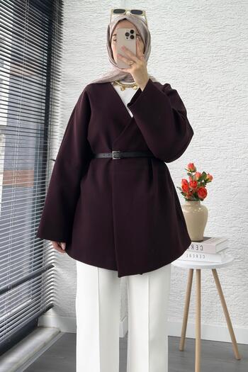 MELEK ARAZ Premium Double-Breasted Collared Belted Women's Jacket – Plum