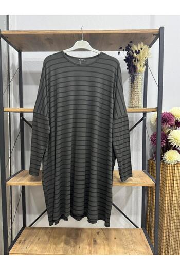 ÖZNE BUTİK Plus Size Women's 100% Cotton Oversized Crew Neck Striped Tunic