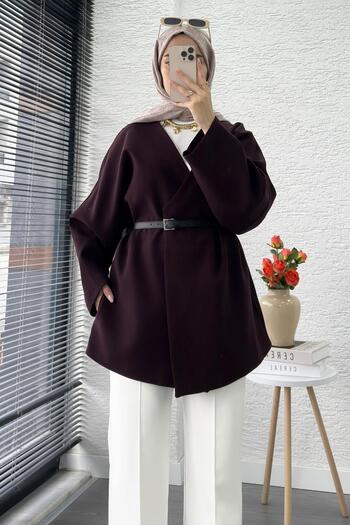 MELEK ARAZ Premium Double-Breasted Collared Belted Women's Jacket – Plum
