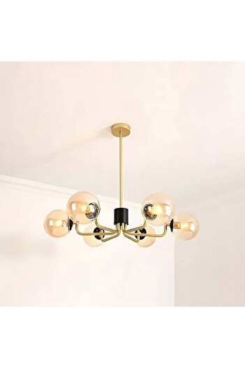 BAB Modern LED Chandelier Black + Gold with Six Honey Spheres