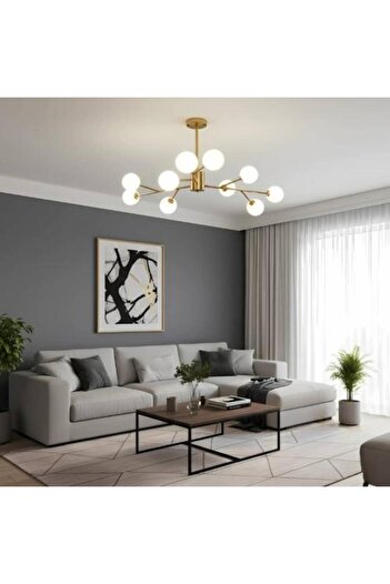 BAB Modern Golden LED Chandelier with Nine White Glass Balls