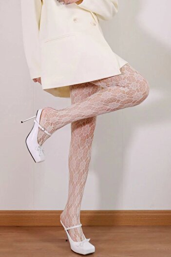 Black Pine (BP) Vintage Look High Waist White Floral Pantyhose
