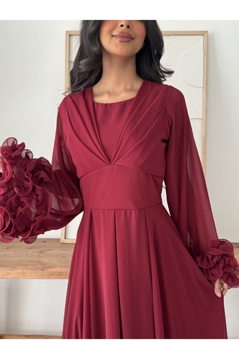 Generic Elegant long burgundy dress with a soft design and sheer sleeves decorated with roses