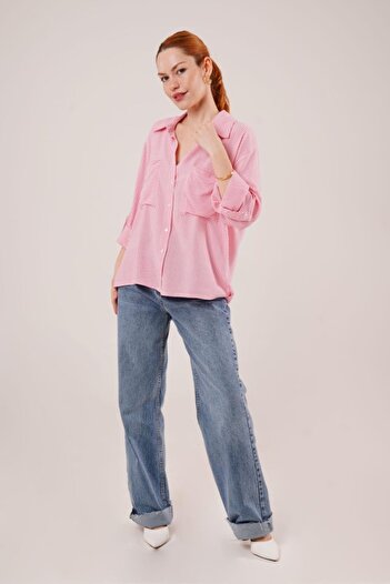Kanonik Education Bat Sleeve Striped Pocket Detailed Pink Shirt