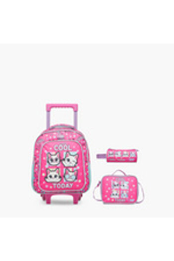 MAST School Trolley Bag Set 3 Pieces for Girls 2-5 Years with Lunch Bag and Pencil Case with Cat Design f