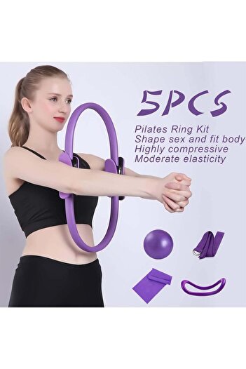 Taimi 5-Piece Pilates & Yoga Set - Ring, Ball, Band & Strap for Strength & Flexibility - Purple