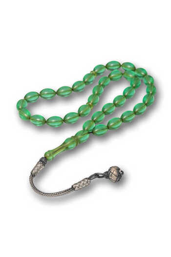 norsary Silver Ball Kazaz Tassel Green Crimped Amber Prayer Beads