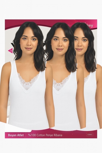 SATTENS 3 Pieces of Combed Cotton Ribbed White Tank Tops with Thick Lace Straps