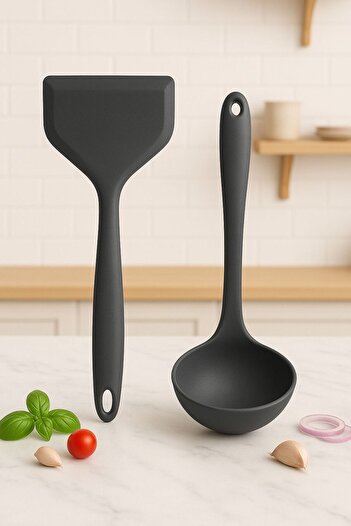 TARIK HOME 2-Piece Gray Silicone Scoop Spatula Set Kitchen Serving Set Ergonomic Handle Heat Resistant Hard Silicone
