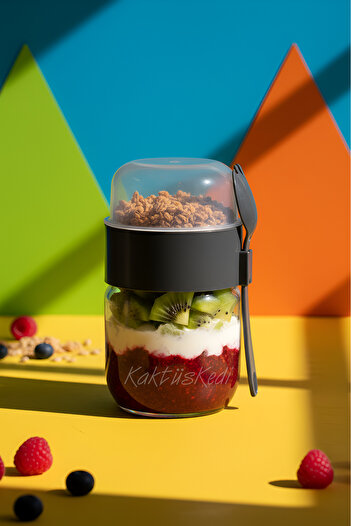 KaktüsKedi Kaşıklı Çatallı Cam Öğün Bardağı - Yemek Taşıma Ve Saklama Kabı - Müsli Kabı 625 ML
