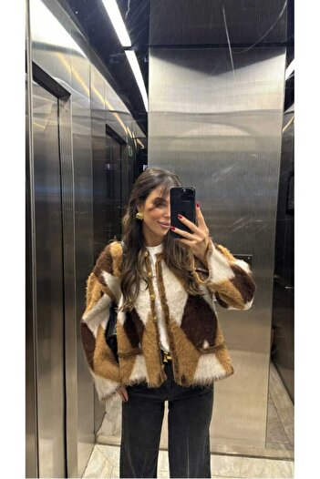 Foxstep Yumoş Marka Model Kahve Baklava Desen Özel Üretim Triko Kadın Hırka