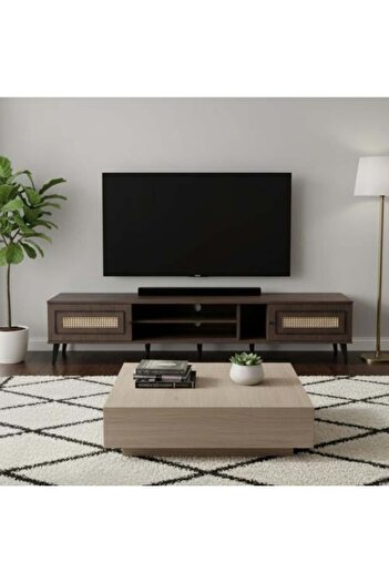 BAITY Rectangular TV Table 200 cm Malaysian Wood with Drawers and Shelves - Brown
