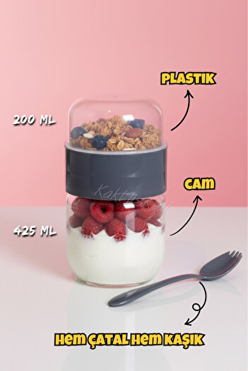 KaktüsKedi Kaşıklı Çatallı Cam Öğün Bardağı - Yemek Taşıma Ve Saklama Kabı - Müsli Kabı 625 ML