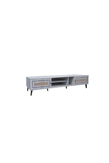 BAITY Rectangular TV Table 200 cm Malaysian Wood with Drawers and Shelves - Gray