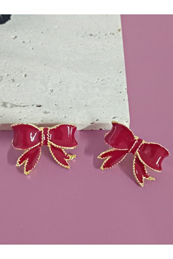 mos&more Burgundy Enamel Bow Chic Earrings