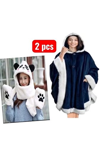 Generic Plush Soft Warm Winter Blanket Shawl + Panda Scarves with Gloves
