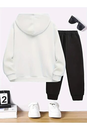 buendiakids Boy's White-Black Nasa Future Printed Hooded Sweatpants Set
