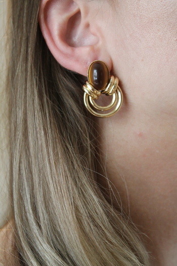 Luvix Design Oval Stone Detailed Gold Form Earrings
