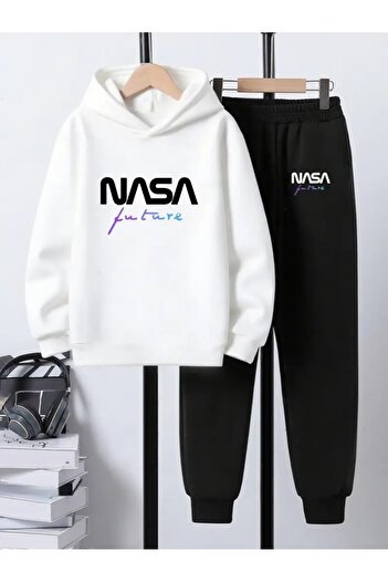 buendiakids Boy's White-Black Nasa Future Printed Hooded Sweatpants Set