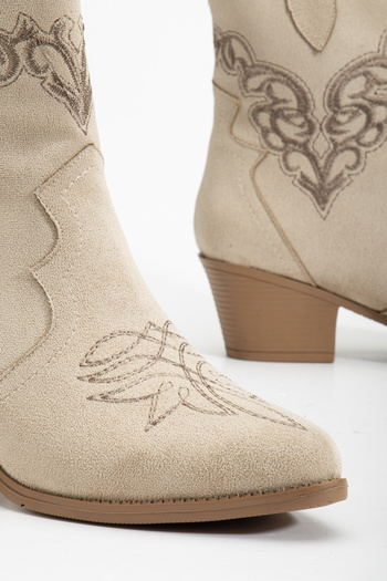 MS SUGAR SHOES Women's Western Beige Vegan Suede Elite Floral Embroidered Heeled Cowboy Boots