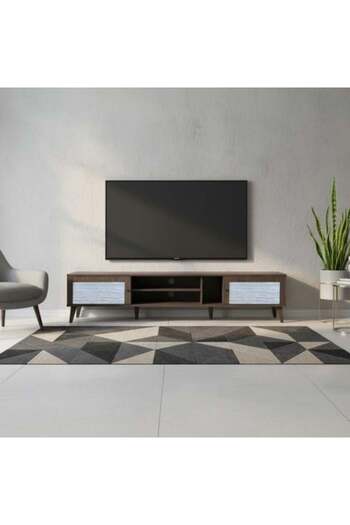 BAITY TV Table Rectangular 200cm Malaysian Wood 2 Drawers and Shelves - Brown and Gray